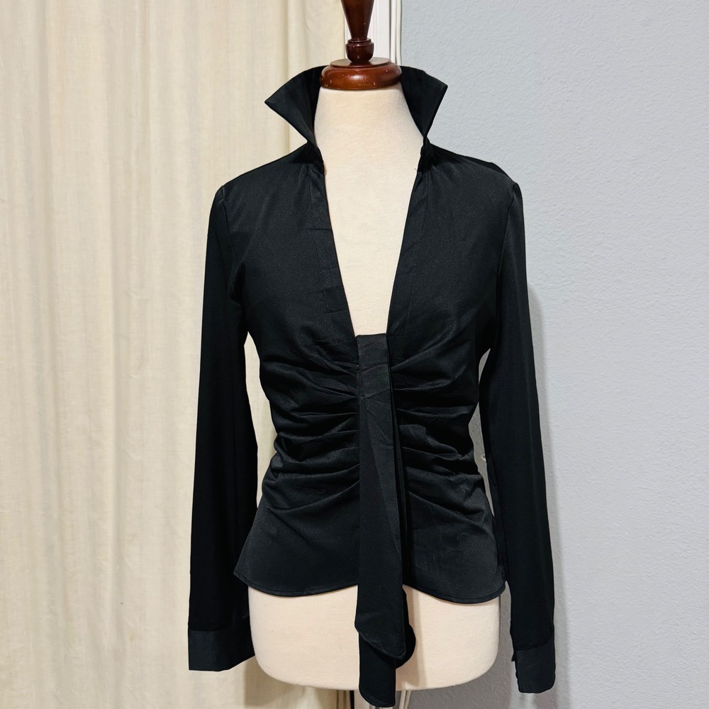 Idem Ditto Black Ruched Front Long Sleeve Collared Button Down Gothic Shirt M - Picture 2 of 14